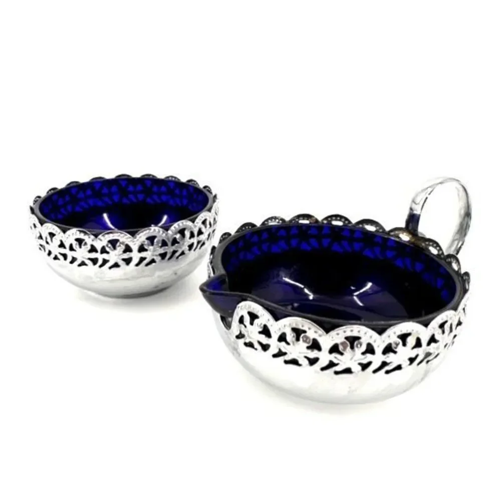 Vintage Silverplate Handle Glass Open Sugar and Creamer‎ Set Cobalt Blue Large